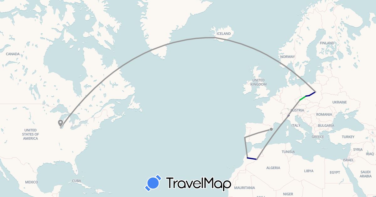TravelMap itinerary: driving, bus, plane in Czech Republic, Spain, Iceland, Italy, Morocco, Poland, Portugal, United States (Africa, Europe, North America)